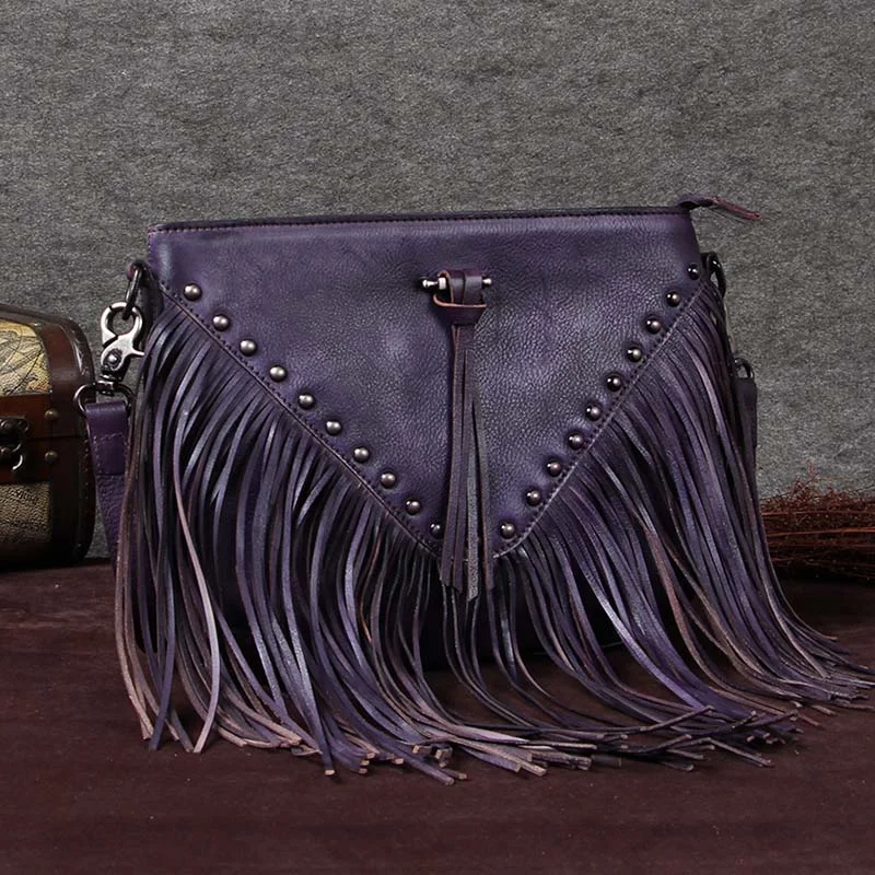 Chic suede crossbody bags for fall fashion -Womens Western Leather Purse With Fringe Boho Purses Side Bags for Women