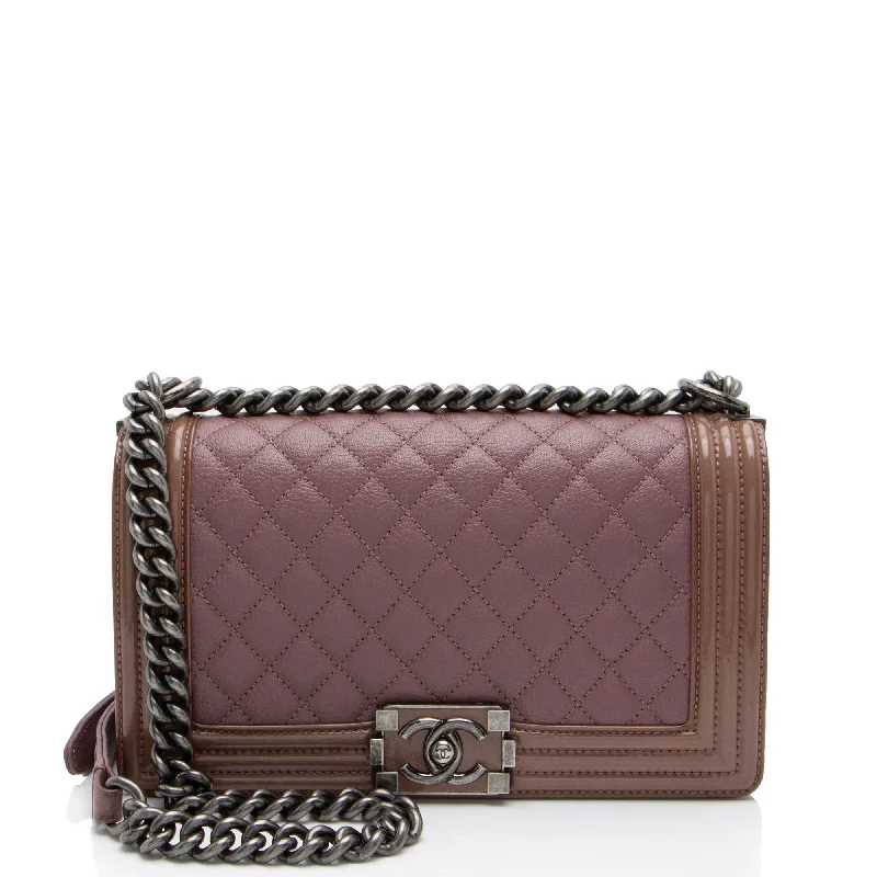 Chic crossbody bags with chain strap details -Chanel Calfskin Patent Old Medium Boy Bag