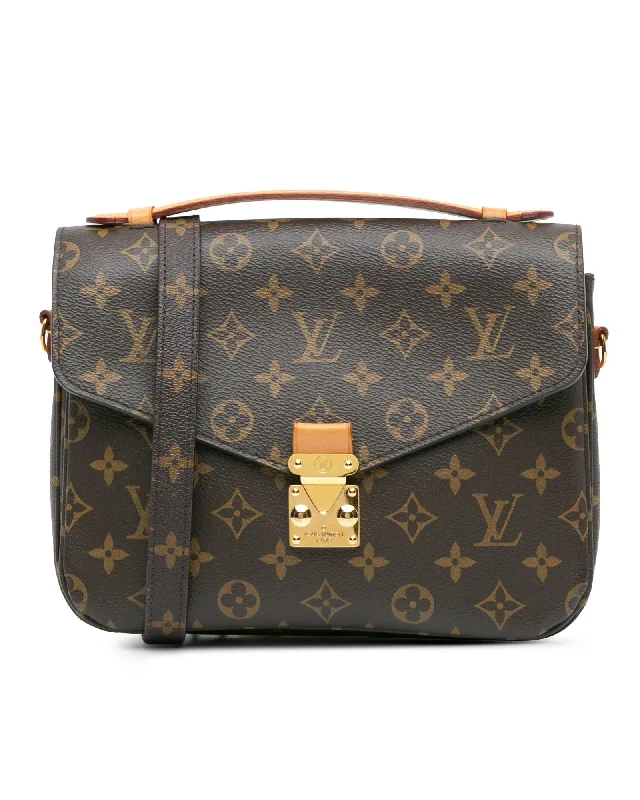 Leather satchels for women with bold stitching and metal accents for a modern touch -Monogram Pochette Metis with Vachetta Leather Handle and Detachable Shoulder Strap