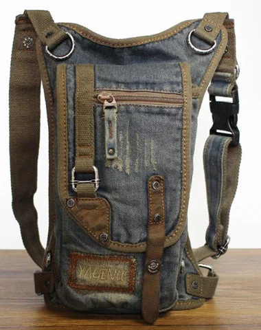 Custom satchels for men with unique detailing for personalized fashion -Blue Denim Canvas Mens Biker Waist Bag DropLeg Bag Belt Pouch Small Messenger Bag For Men