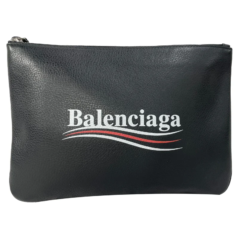 Travel-friendly satchel bags for women with extra space for essentials -Balenciaga Logo Campaign Print Zipped Pouch bag in Black Leather