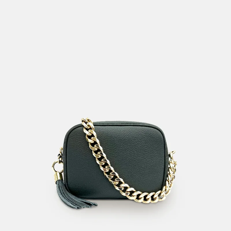 Luxury crossbody bags with premium stitching details -Dark Grey Leather Crossbody Bag With Gold Chain Strap