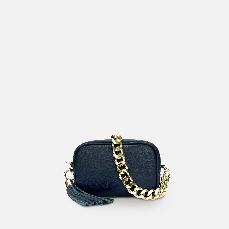 Chic suede crossbody bags for winter trends -The Mini Tassel Navy Leather Phone Bag With Gold Chain Strap