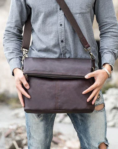 Trendy satchels with leather straps and canvas bodies for a laid-back style -Brown Cool Leather Mens 11 inches Side Bags Messenger Bags Khaki Leather Courier Bag for Men