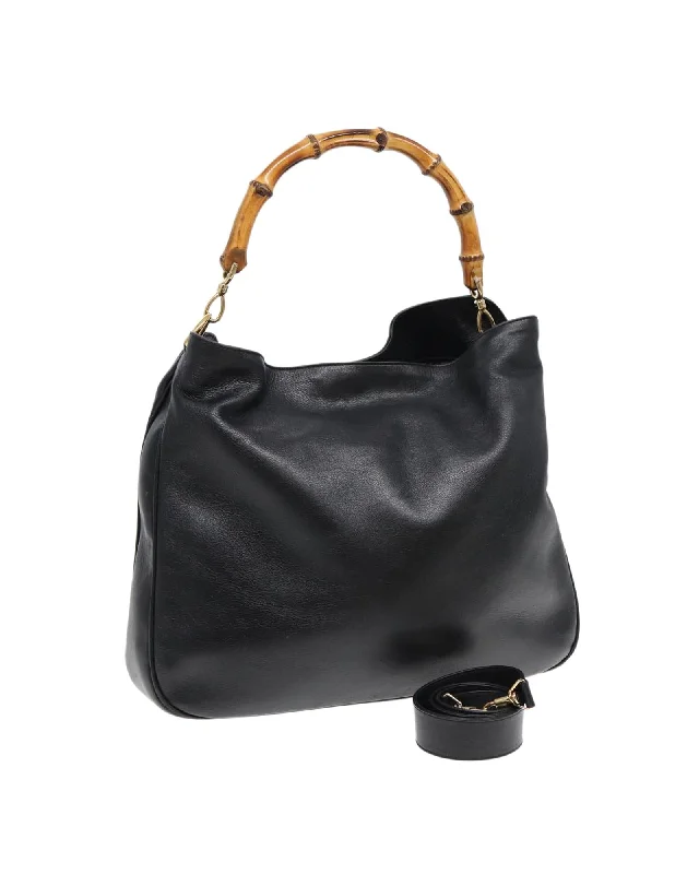 Bamboo Leather 2-Way Hand Bag with Gold Accents