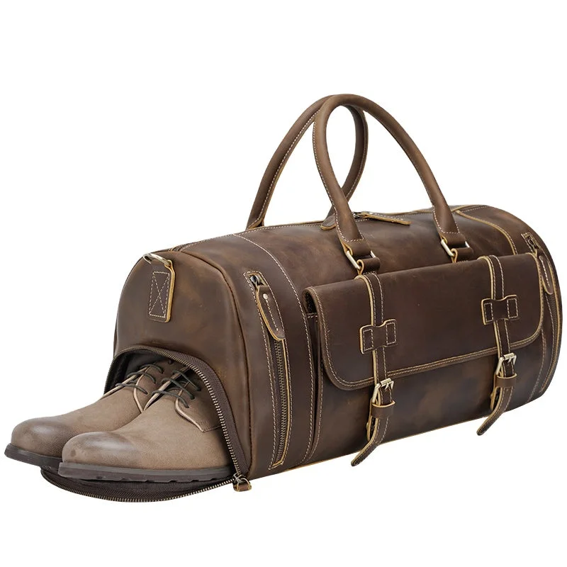 Affordable satchels for women with simple yet sophisticated leather designs -Travel Duffel Weekender Leather Bag With Shoe Compartment