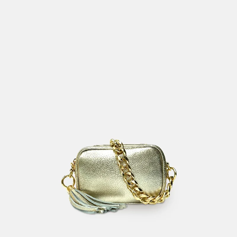 Elegant leather crossbody bags for date nights -The Mini Tassel Gold Leather Phone Bag With Gold Chain Strap