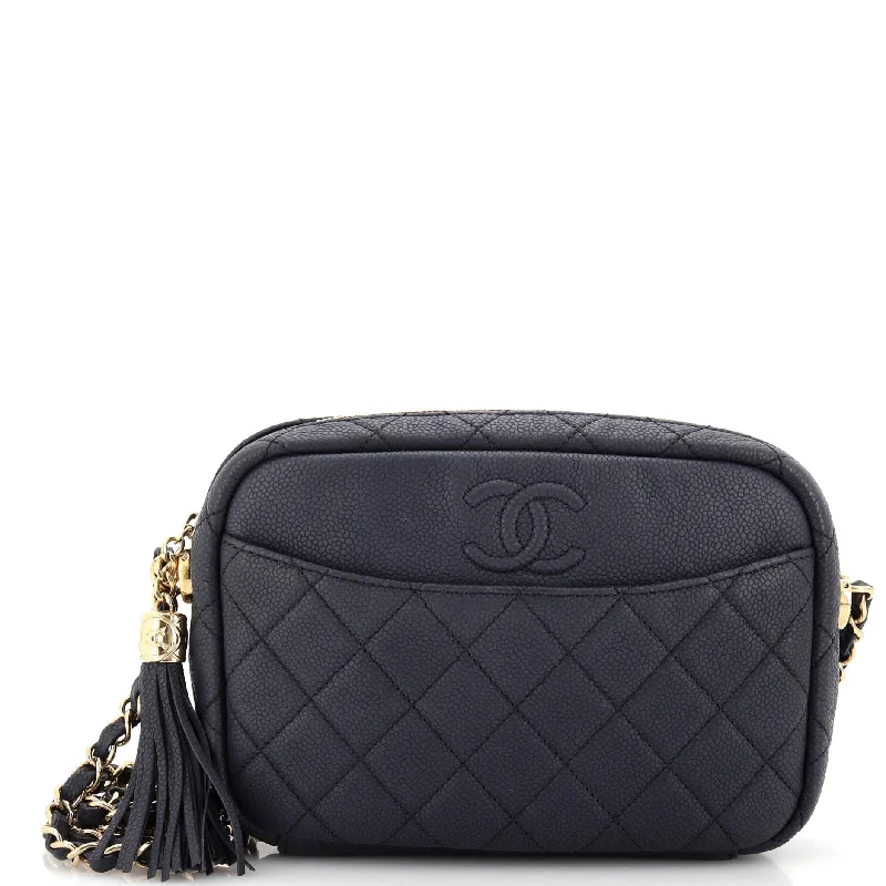 Trendy crossbody bags with metallic finish shine -Coco Tassel Camera Case Quilted Caviar Medium