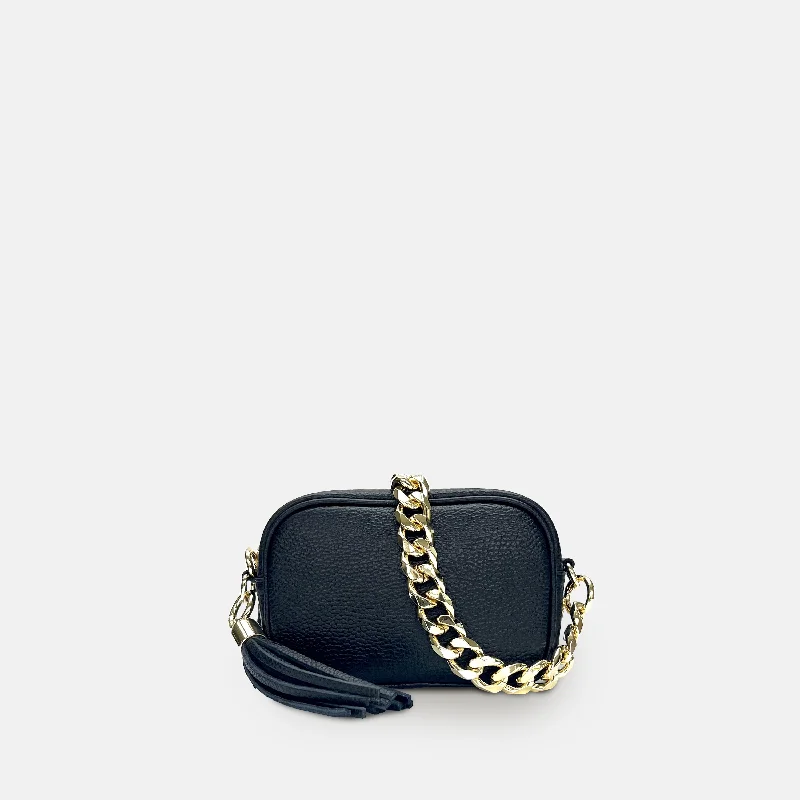 Anti-theft sling crossbody bags for peace of mind -The Mini Tassel Black Leather Phone Bag With Gold Chain Strap