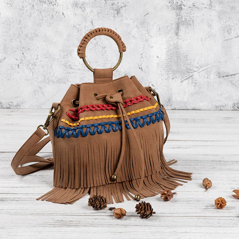 Trendy mini crossbody bags for petite carry -Womens Vegan Leather Fringe Crossbody  Bucket Bags Boho Purses for Women