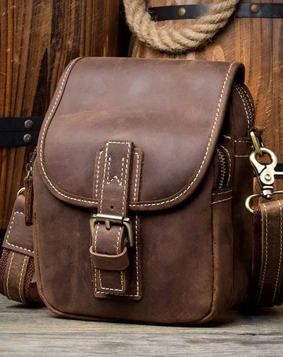 Structured satchels for women with firm, crisp shapes for a professional look -Dark Brown Casual Leather Mens Small Side Bag Messenger Bag Waist Bag Belt Pouch for Men