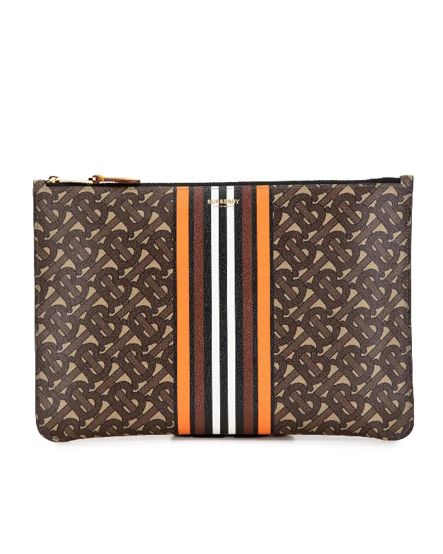 Monogram Stripe E-Canvas Clutch with Top Zip Closure