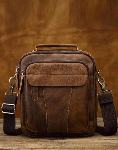 Chic satchel bags for women with vintage detailing for a retro-inspired look -Vintage Brown Leather Mens Small Vertical Messenger Bag Side Bag Courier Bag Handbag For Men