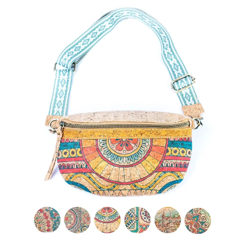 Soft suede crossbody bags for cozy style -Mandala Print Cork Women's Chest Bag with Colorful Cotton Strap