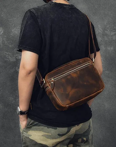 Designer satchels for women with premium leather and polished hardware for sophistication -Vintage Leather Mens 8' Brown Saddle Side Bag Messenger Bag Small Postman Bag For Men