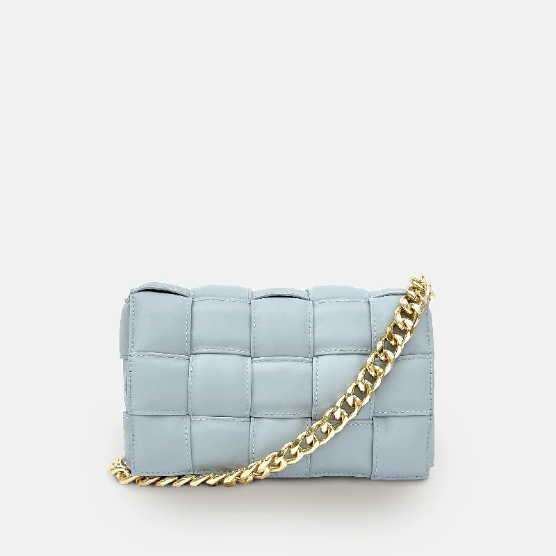 Large capacity crossbody bags for travel essentials -Blue Padded Woven Leather Crossbody Bag With Gold Chain Strap