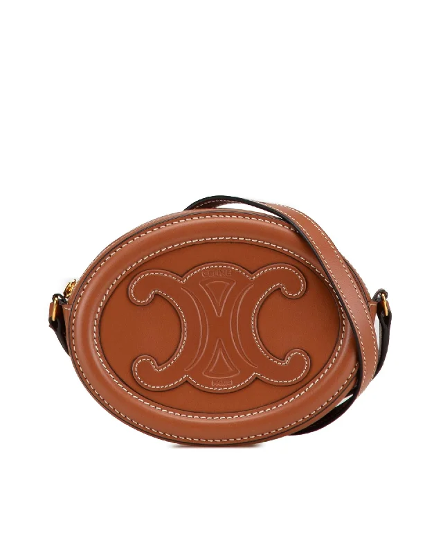 Small Calfskin Cuir Triomphe Oval Crossbody with Embossed Leather and Top Zip Closure