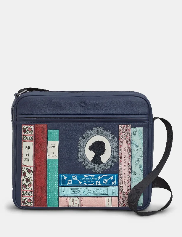 Colorful satchels for women with playful designs for a fun, casual style -Jane Austen Bookworm Navy Leather Messenger Bag