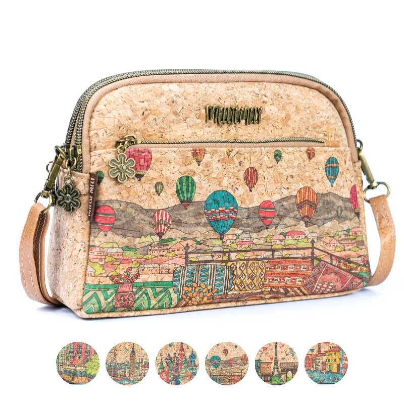 Multi-compartment crossbody bags for travel convenience -Versatile Cork Crossbody & Clutch Bag with City Landmark Designs  BAGF-105