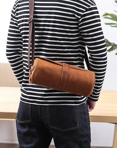 Elegant satchel bags for women with oversized clasps for statement appeal -Black Leather Mens Brown Barrel Postman Bag Brown Bucket Messenger Bag Side Bag For Men