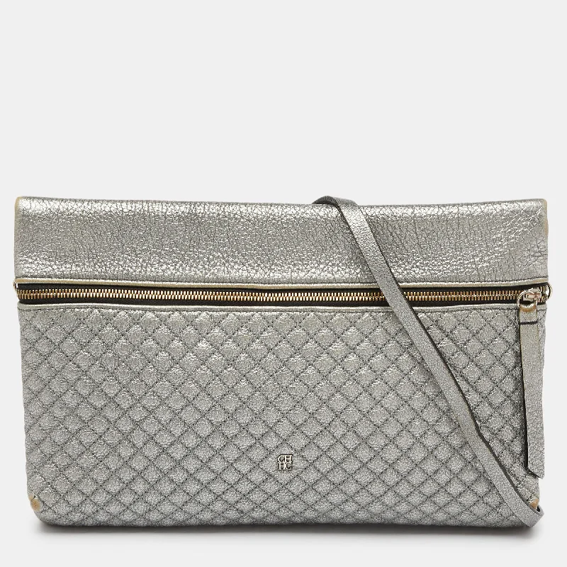 Large capacity crossbody bags for travel essentials -Ch Carolina Herrera Metallic Silver Quilted Leather Front Zip Crossbody Bag