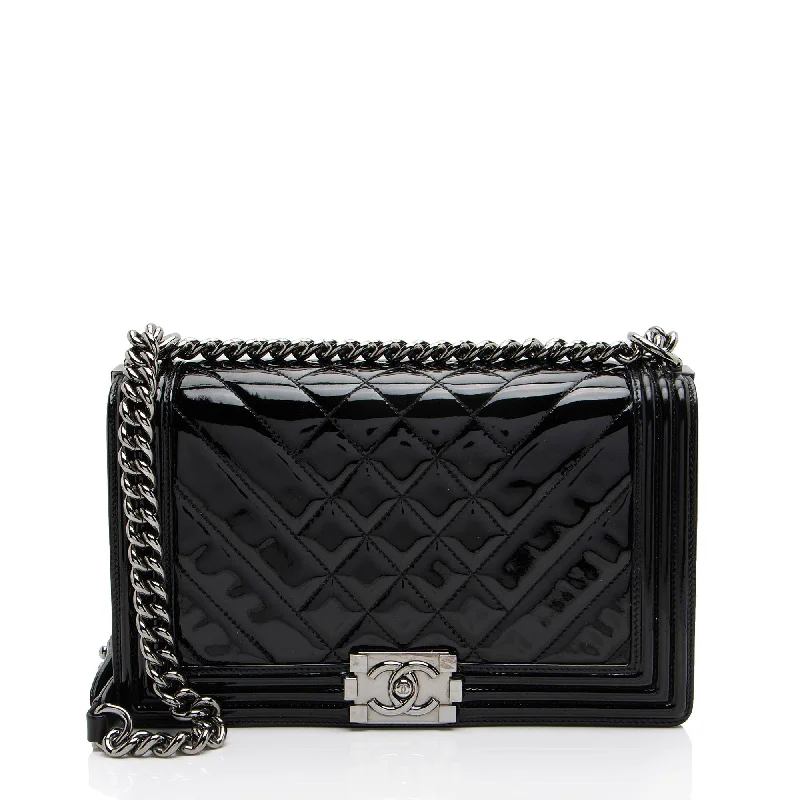 Designer crossbody bags with chic gold hardware -Chanel Chevron Patent Leather New Medium Boy Bag