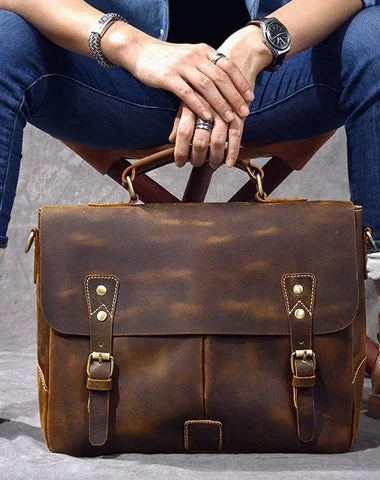 Vintage satchels for women with distressed leather for a retro-inspired fashion statement -Leather Mens Brown Briefcase 14'' Laptop Bag Messenger Bag Shoulder Bag For Men