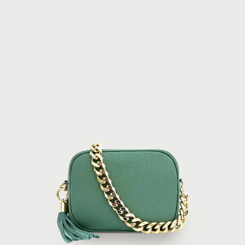 Waterproof crossbody bags for rainy outdoor adventures -Pistachio Leather Crossbody Bag With Gold Chain Strap