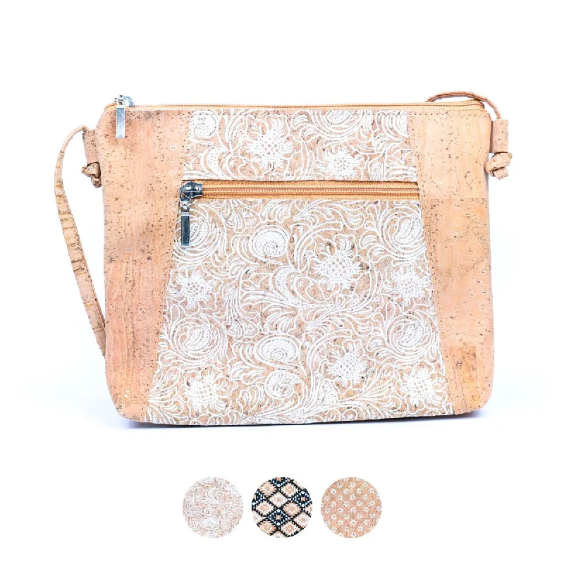 Casual denim crossbody bags for relaxed style -Floral White Print Cork Shoulder Bag with Zippered Pockets BAGP-258