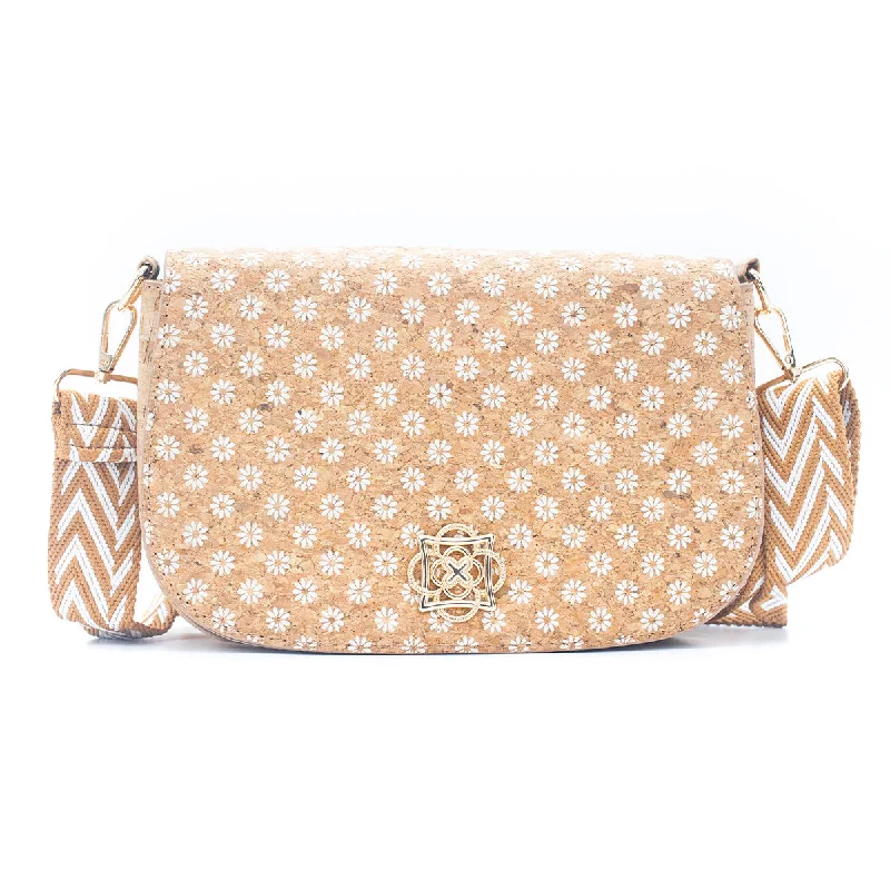 Anti-theft crossbody bags with secure zipper locks -White Daisy Cork Crossbody Bag with Wide Woven Strap for Women BAGF-080