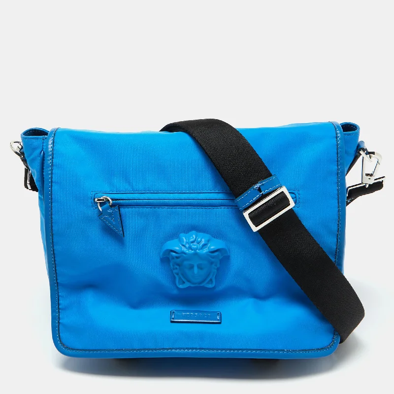 Compact satchels for women with zippered pockets for secure storage -Versace Blue Nylon La Medusa Flap Messenger Bag