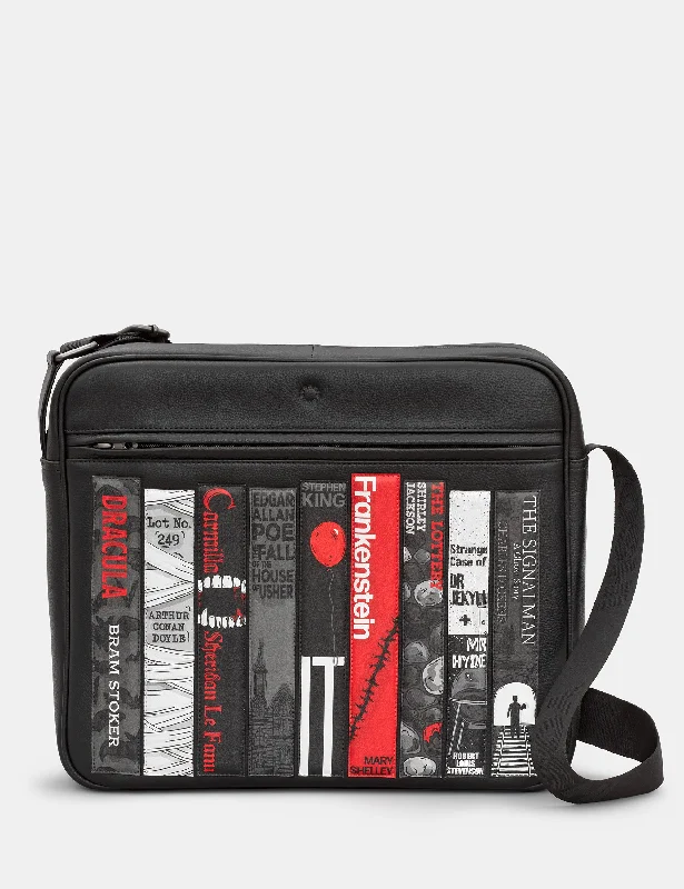 Custom satchels for men with unique detailing for personalized fashion -Horror Bookworm Black Leather Messenger Bag