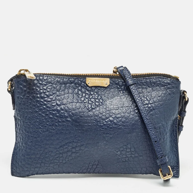 Casual crossbody bags for everyday errand ease -Burberry Navy Blue Grain Check Embossed Leather Peyton Crossbody Bag