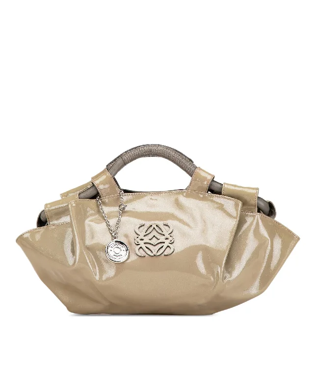 Patent Leather Handbag with Rolled Handles and Magnetic Snap Closure