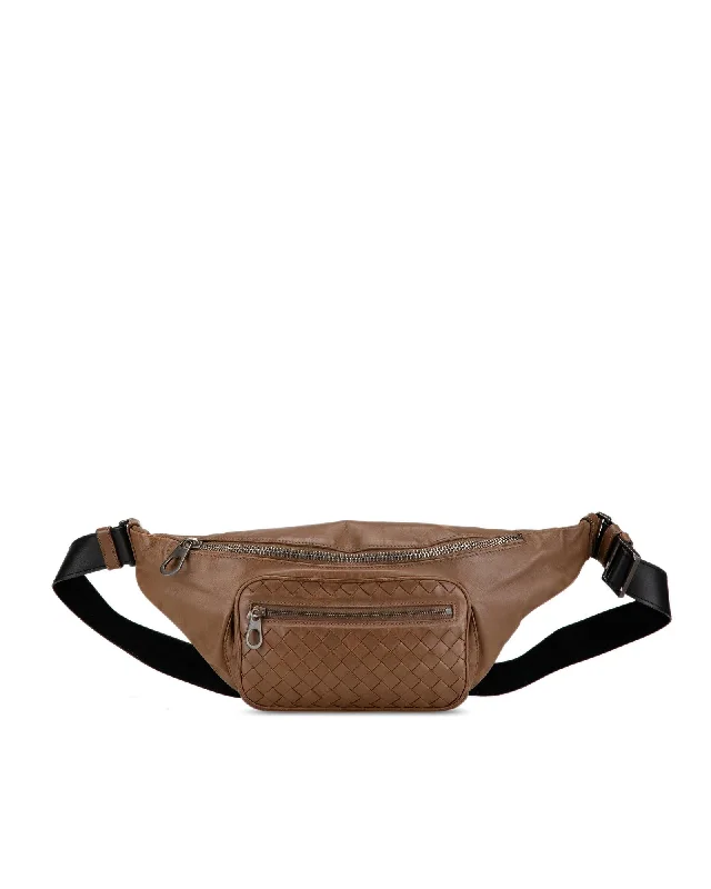 Nappa Intrecciato Leather Belt Bag with Adjustable Strap and Zip Pockets