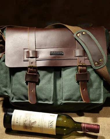 Classic satchel bags for men with simple lines and timeless designs -Canvas Leather Mens Vintage Khaki Travel Side Bag Green Messenger Bag Brown Courier Bag for Men