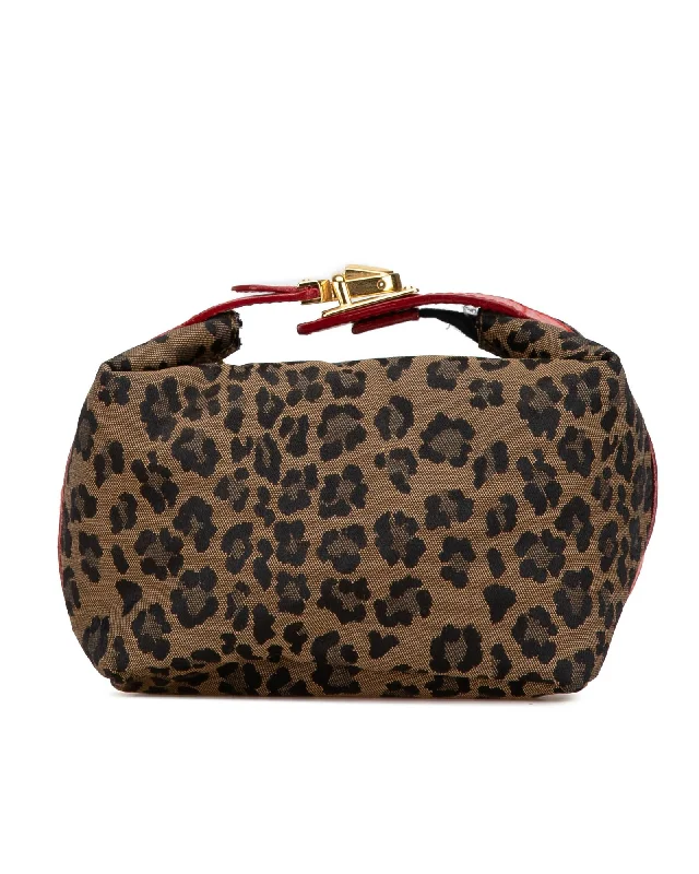 Leopard Print Canvas Handbag with Metal Lock and Zip Closure