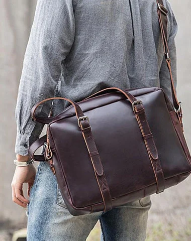 High-quality leather satchels for men with refined stitching and custom details -Dark Brown Cool Leather Mens Large 15 inches Briefcase Laptop Briefcase Messenger Bags Side Bags Work Bag for Men