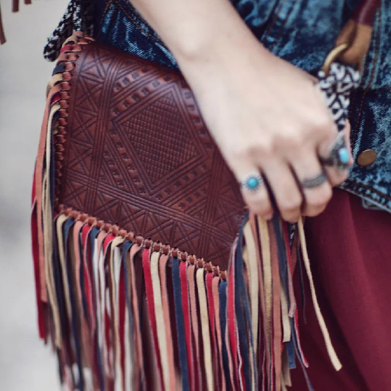 Vintage crossbody bags with worn leather patina -Handmade Boho Leather Fringe Crossbody Purse Western Purses With Fringe For Women