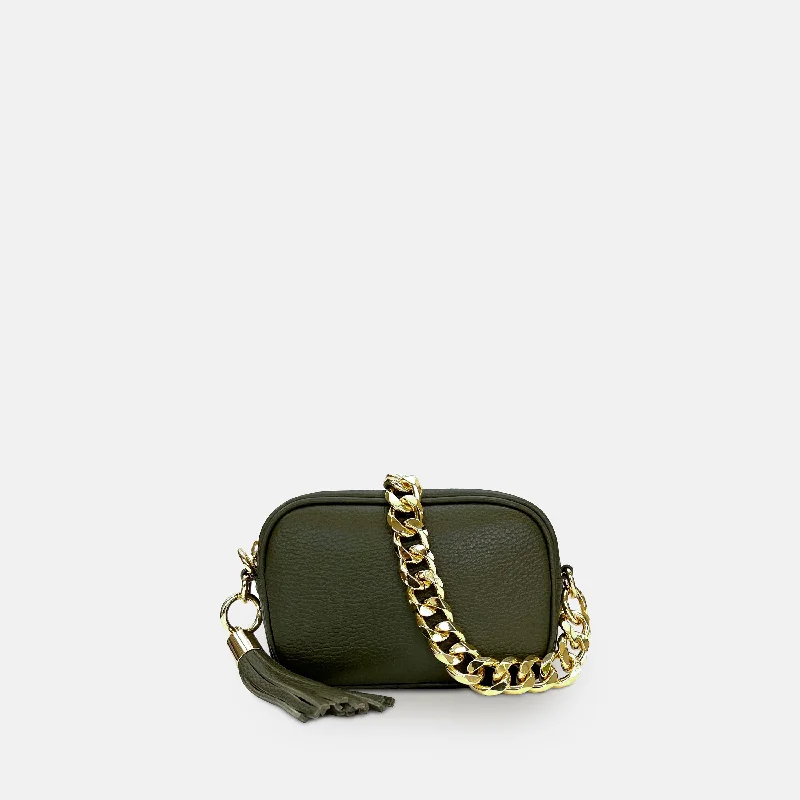 Designer crossbody bags with iconic brand stitching -The Mini Tassel Olive Green Leather Phone Bag With Gold Chain Strap