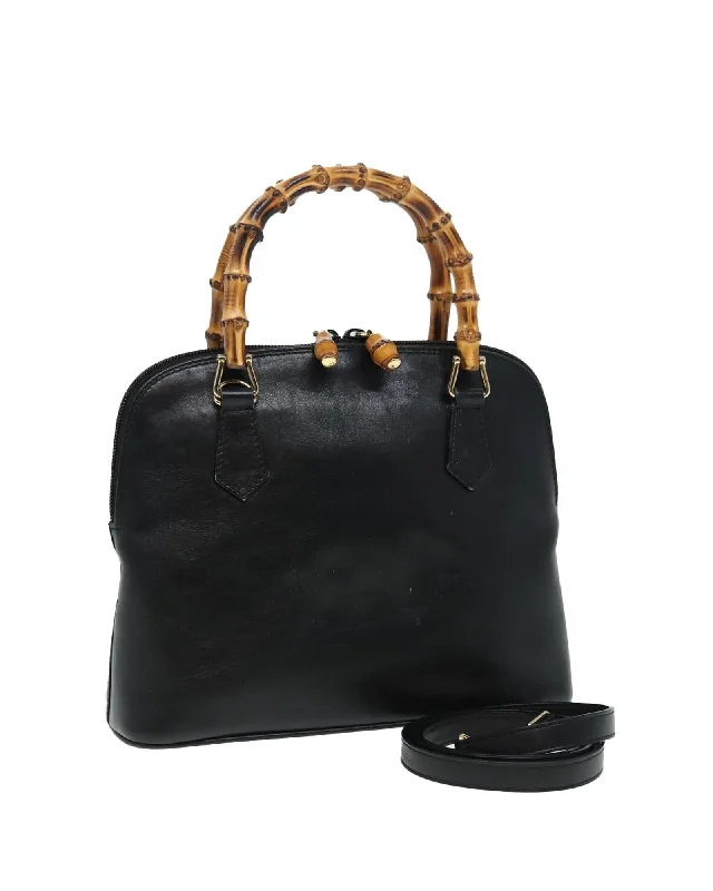 Leather Bamboo Handle 2-Way Hand Bag with Shoulder Strap