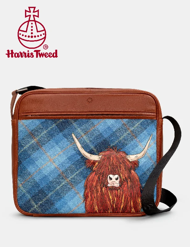 Lightweight satchels for women with soft fabrics for comfortable wear all day -Highland Cow Harris Tweed & Leather Messenger Bag