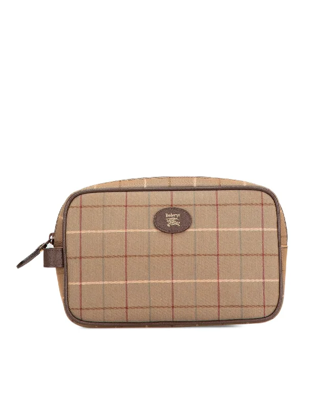 Vintage Check Canvas Clutch with Leather Trim and Interior Slip Pocket