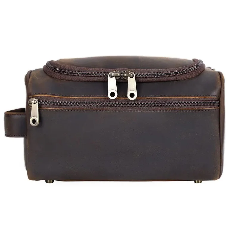 Vintage-inspired satchels for men with distressed leather finishes for a timeless look -Leather Hanging Toiletry Premium Travel Bag - Dark Brown