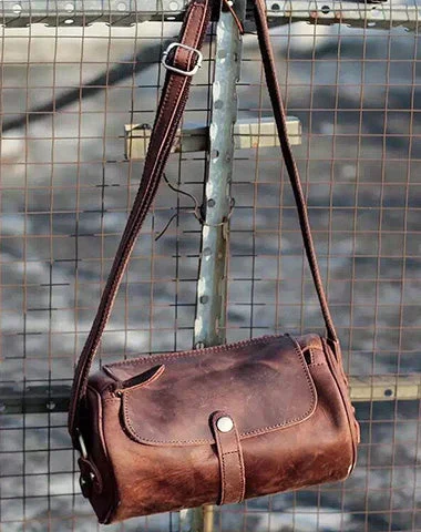 High-quality leather satchels for women with durable straps and premium finishes -Vintage Leather Small Barrel Messenger Bag Shoulder Bag For Men