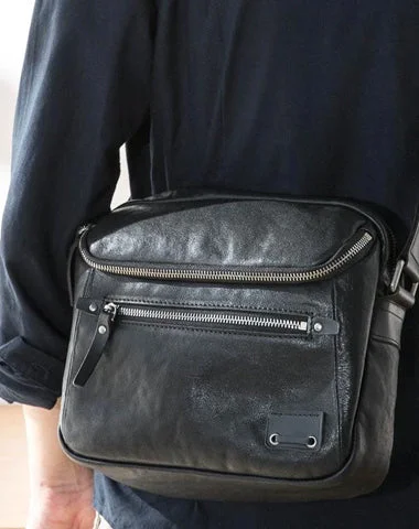 Classic satchels for men with a timeless design and high-quality leather construction -Casual Black Leather Mens 10 inches Postman Bag Black Courier Bag Messenger Bags Side Bag for Men