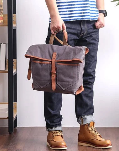 Bold satchel bags for men with statement hardware and sleek designs -Canvas Leather Mens 13'' Khaki Side Bag Courier Bag Messenger Bag Black Shoulder Bag for Men