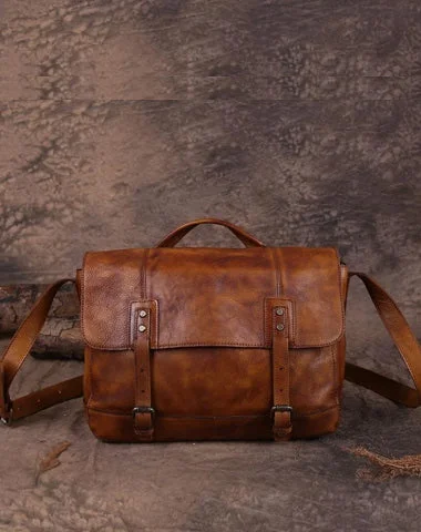 Vintage leather satchels for men with a worn-in look for retro charm -Vintage Mens Brown Leather Briefcase Messenger Bag Black Side Bag Work Bag for Men