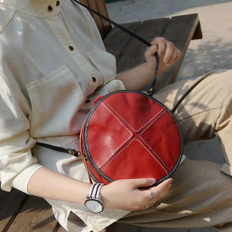 Eco-friendly leather crossbody bags for green living -Ladies Leather Circle Bag Round Purse Small Crossbody Purse for Women