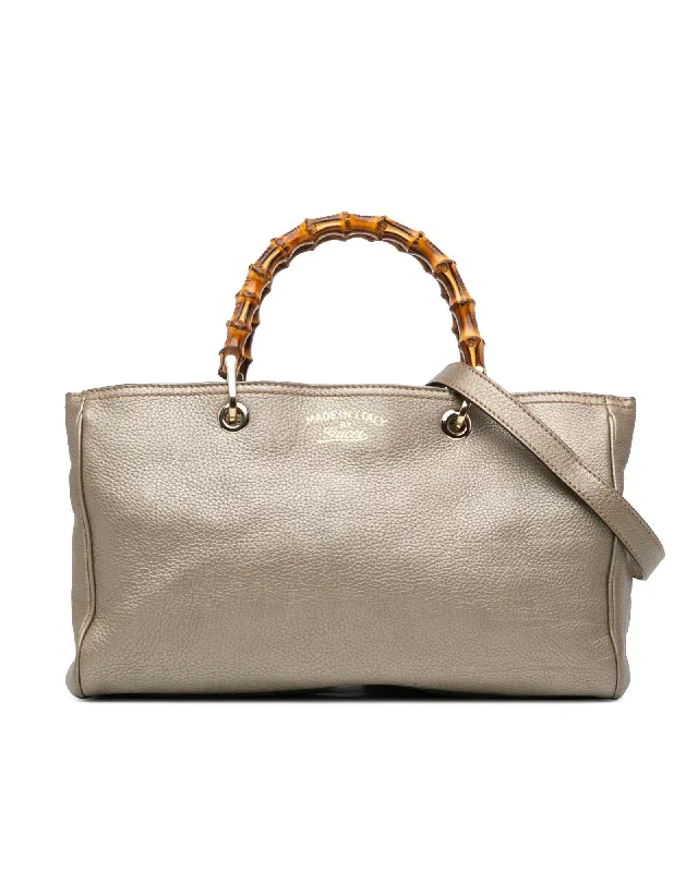 Chic satchels for women with metallic finishes for an eye-catching look -Calfskin Leather Bamboo Handle Shopper Satchel with Detachable Strap